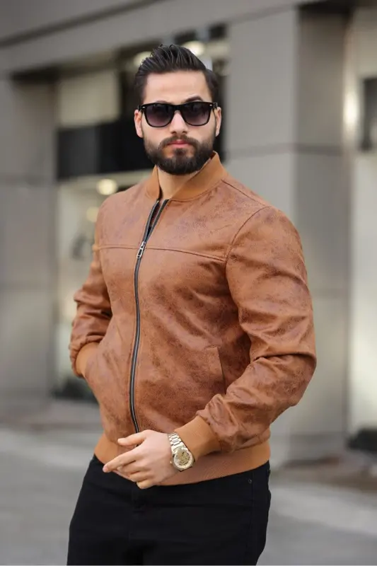 Yeni Sezon Vintage Napa Deri Kolej Ceket - taba napa - 4