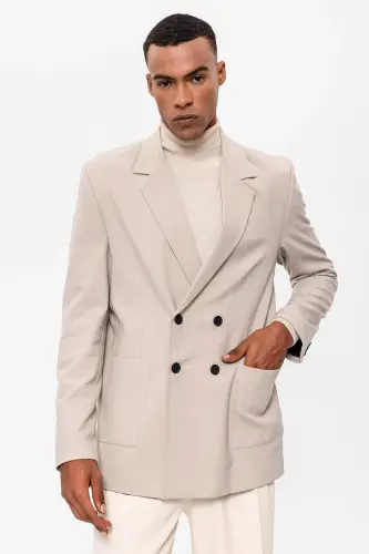 Açık Bej Torba Cepli Kruvaze Erkek Blazer Ceket - Açık Bej - 1