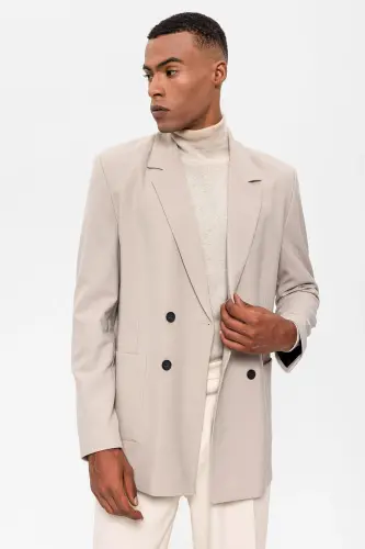 Açık Bej Torba Cepli Kruvaze Erkek Blazer Ceket - Açık Bej - 2