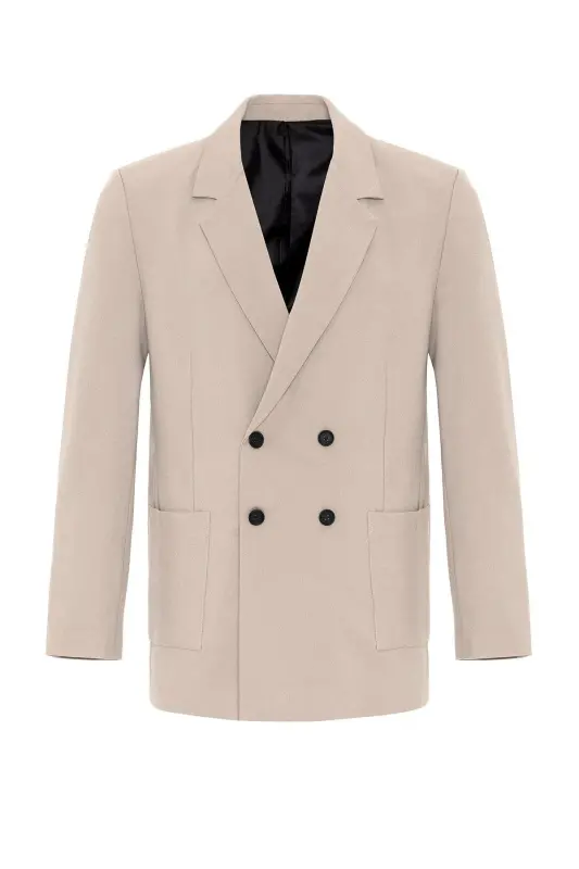 Açık Bej Torba Cepli Kruvaze Erkek Blazer Ceket - Açık Bej - 6