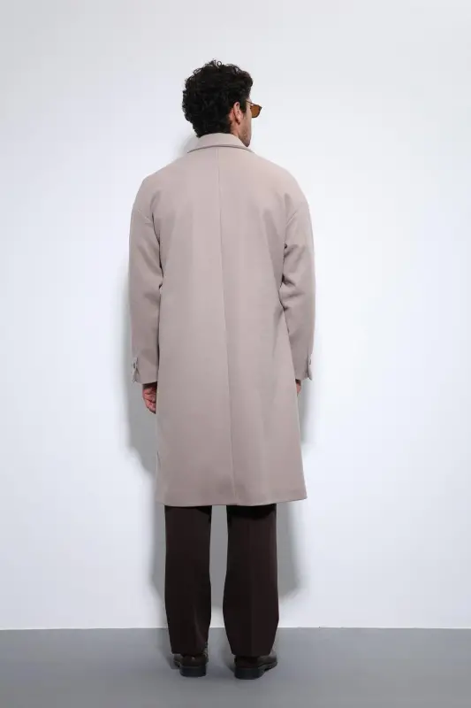 Taş Kuşaklı Oversize Erkek Kaban - Taş - 6