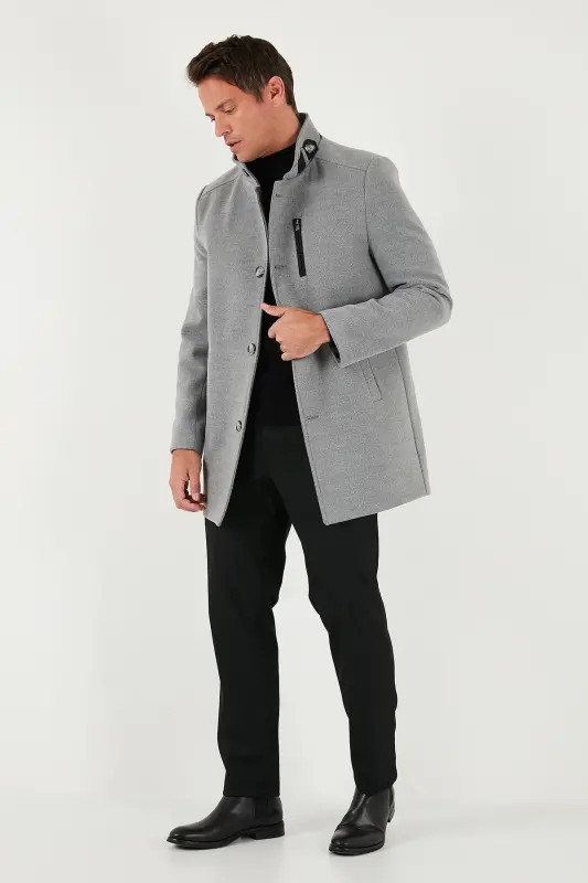 Relaxed Fit Düğmeli Dik Yaka Kaşe Kaban Erkek KABAN 5840099 - GRİ - 2