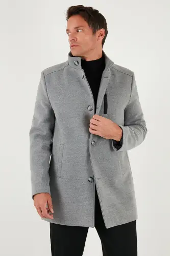 Relaxed Fit Düğmeli Dik Yaka Kaşe Kaban Erkek KABAN 5840099 - GRİ - 4