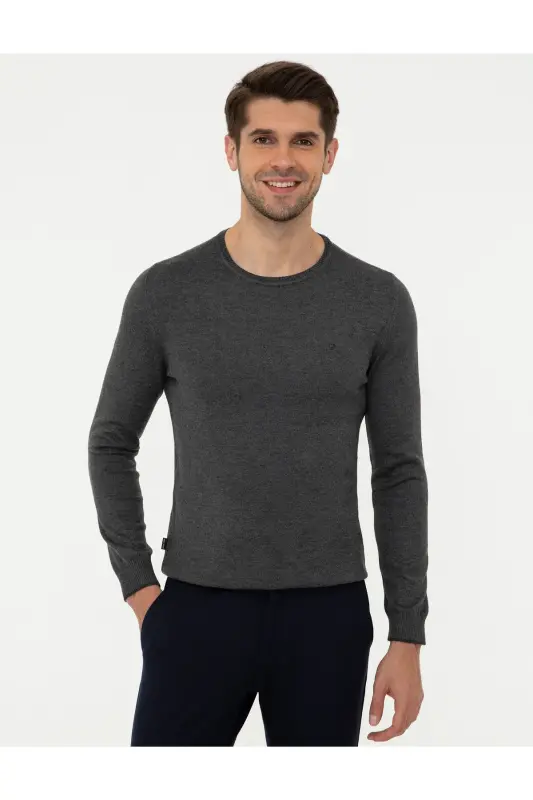 Gri Melanj Slim Fit Bisiklet Yaka Basic Triko Kazak 50248582-VR086 - Gri Melanj - PIERRE CARDIN