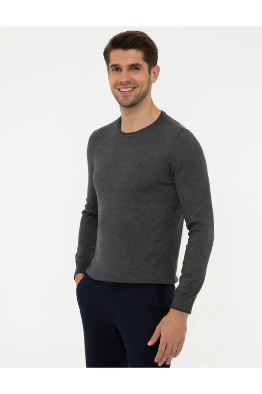 Gri Melanj Slim Fit Bisiklet Yaka Basic Triko Kazak 50248582-VR086 - Gri Melanj - 3