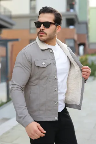 Erkek Trend Kışlık Içi Kürklü Gri Kot Ceket - A.Taş - 6