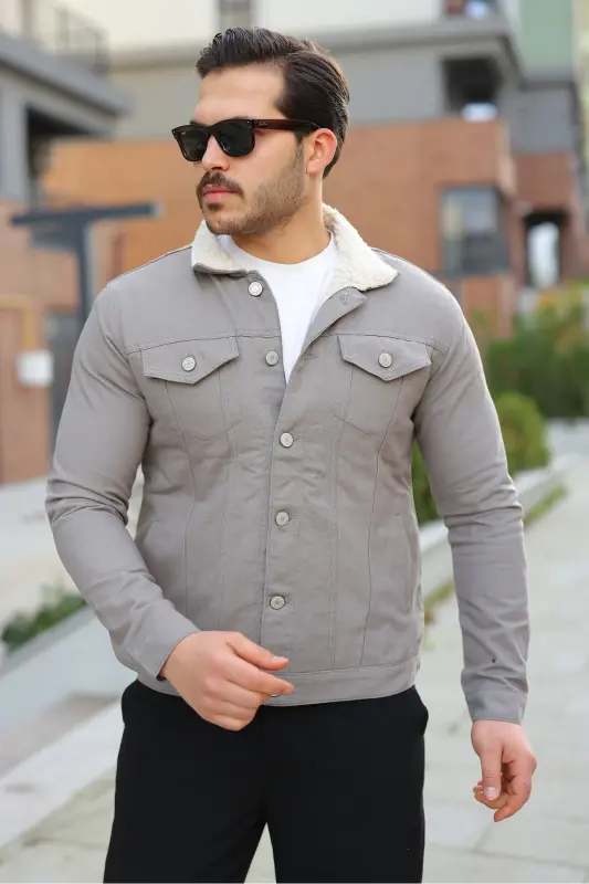 Erkek Trend Kışlık Içi Kürklü Gri Kot Ceket - A.Taş - 8