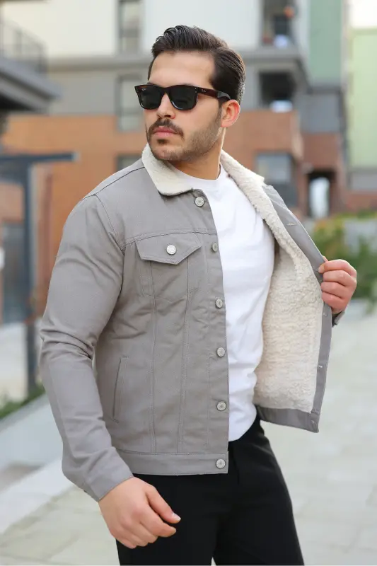 Erkek Trend Kışlık Içi Kürklü Gri Kot Ceket - A.Taş - 2