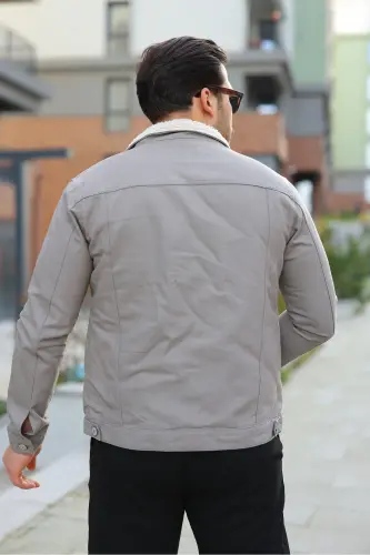 Erkek Trend Kışlık Içi Kürklü Gri Kot Ceket - A.Taş - 3