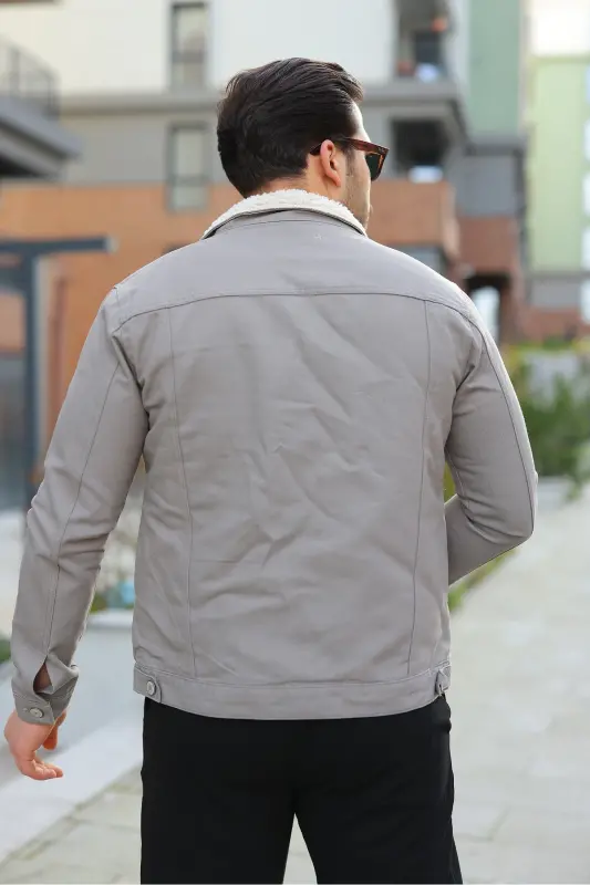 Erkek Trend Kışlık Içi Kürklü Gri Kot Ceket - A.Taş - 3