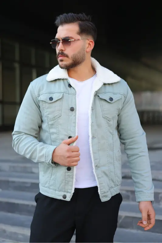 Erkek Trend Kışlık Içi Kürklü S.Yeşil Kot Ceket - SU YEŞİLİ - 3