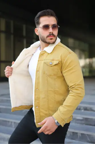 Erkek Trend Kışlık Içi Kürklü Sarı Kot Ceket - Sarı 