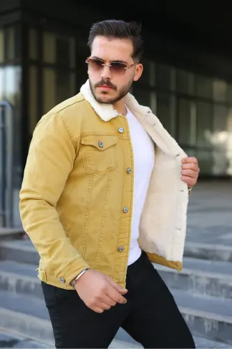 Erkek Trend Kışlık Içi Kürklü Sarı Kot Ceket - Sarı - COMSTAR (1)