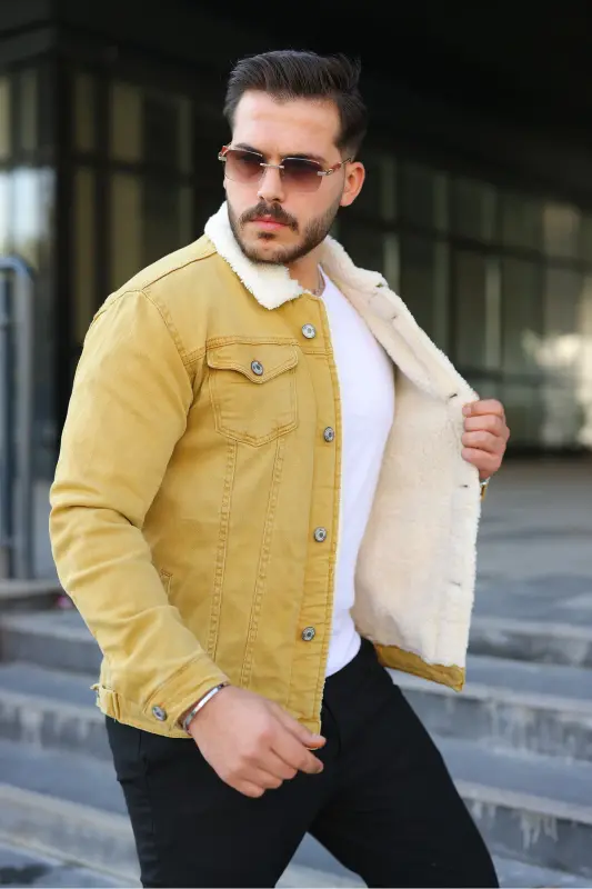 Erkek Trend Kışlık Içi Kürklü Sarı Kot Ceket - Sarı - 2