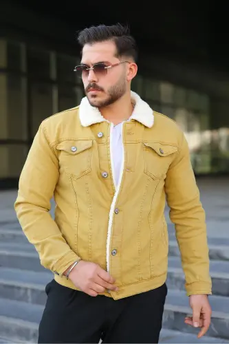 Erkek Trend Kışlık Içi Kürklü Sarı Kot Ceket - Sarı - 3