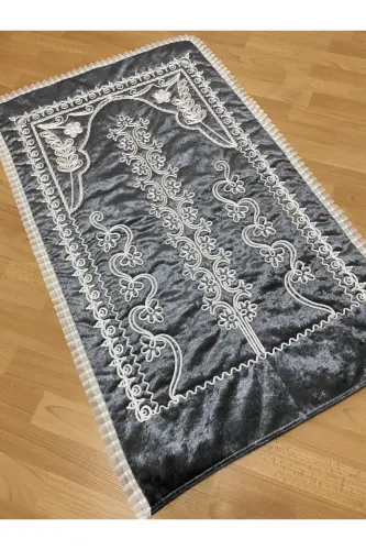 Antrasit Kadife Çeyizlik Gelin Seti Seccadesi - Gri 