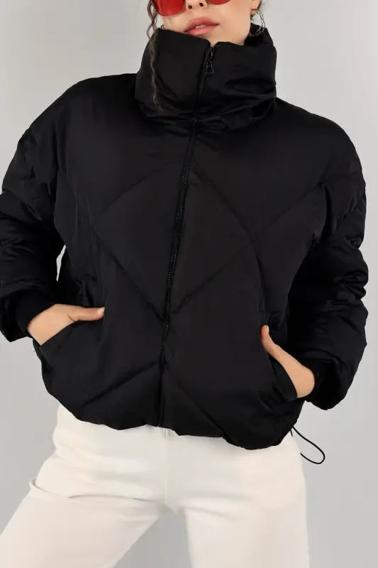 Kadın Siyah Şişme Mont Yüksek Yaka - Oversize Kalın Dolgulu Kışlık - BLACKBKLV - 2
