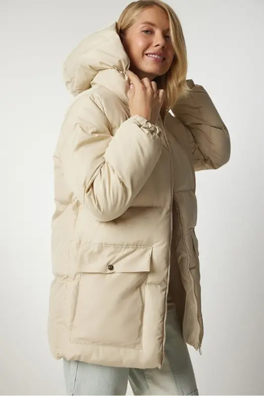 Kadın Oversize Şişme Mont Kapüşonlu - 4 Cep Detaylı Fermuarlı Kışlık Günlük Mont - Bej4cp - 8