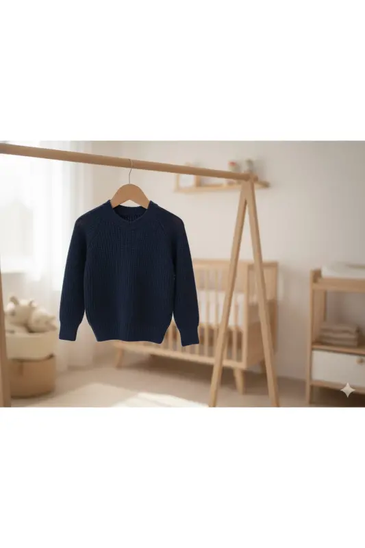 Esnek Bisiklet Yaka Selanik Örgü Unisex Bebek ve Çocuk Kazak - Lacivert - 8