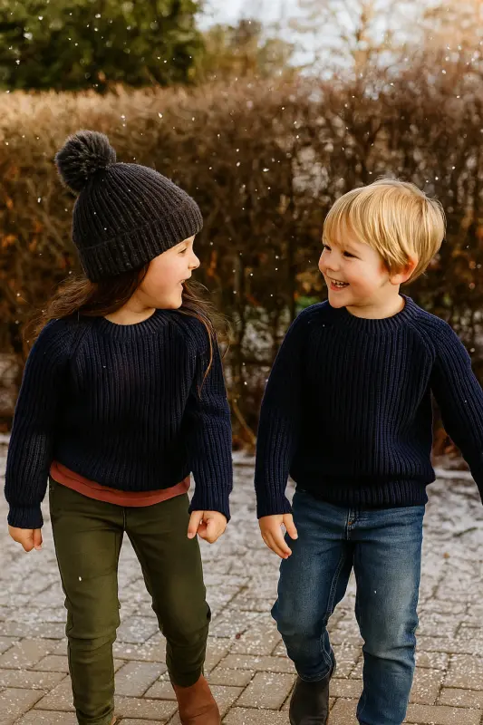 Esnek Bisiklet Yaka Selanik Örgü Unisex Bebek ve Çocuk Kazak - Lacivert - 1