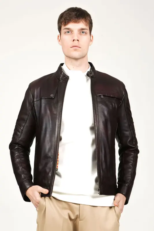 Arthur Erkek Dik Yaka Slim Fit Gerçek Deri Mont Kestane - Kestane - 2