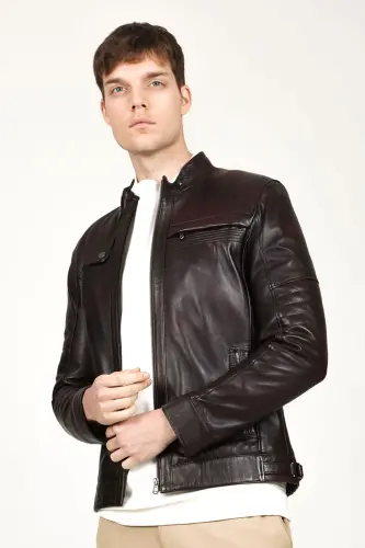 Arthur Erkek Dik Yaka Slim Fit Gerçek Deri Mont Kestane - Kestane - 3