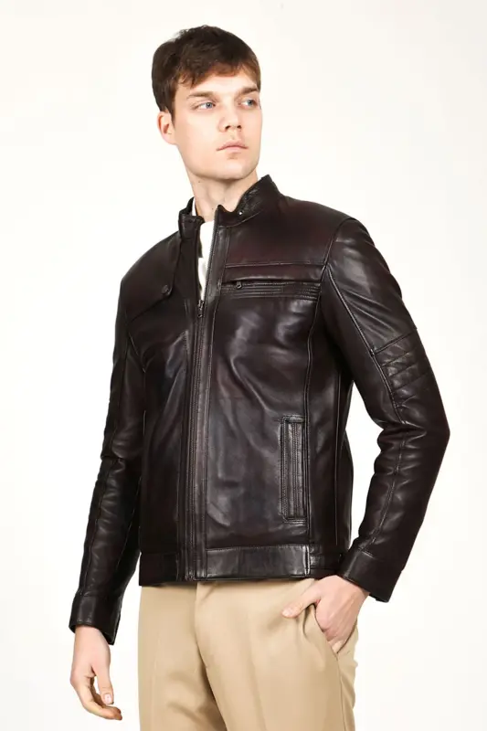 Arthur Erkek Dik Yaka Slim Fit Gerçek Deri Mont Kestane - Kestane - 5