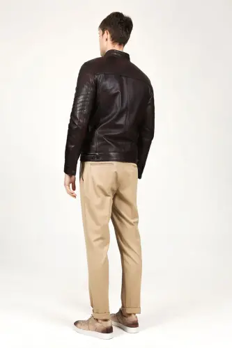 Arthur Erkek Dik Yaka Slim Fit Gerçek Deri Mont Kestane - Kestane - 6