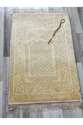 Lüks Kalın Yumuşak Peluş Kaymaz Taban Özellikli Hediyelik Çeyizlik Seccade Tesbih - Kahverengi - 3