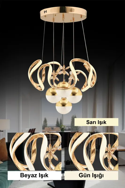 Mina Gold 3 Renk Ledli Modern Lüx Led Avize - mor - 2