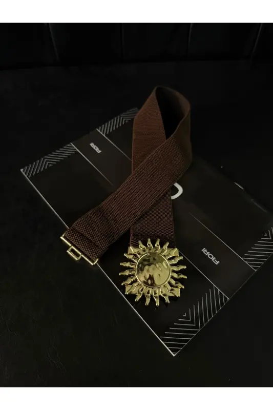 Gold Güneş Tokalı Geçmeli Elastik Kadın Kemeri, Ceket Kemeri, Gömlek Kemeri, Elbise Kemeri - Kahverengi - 1