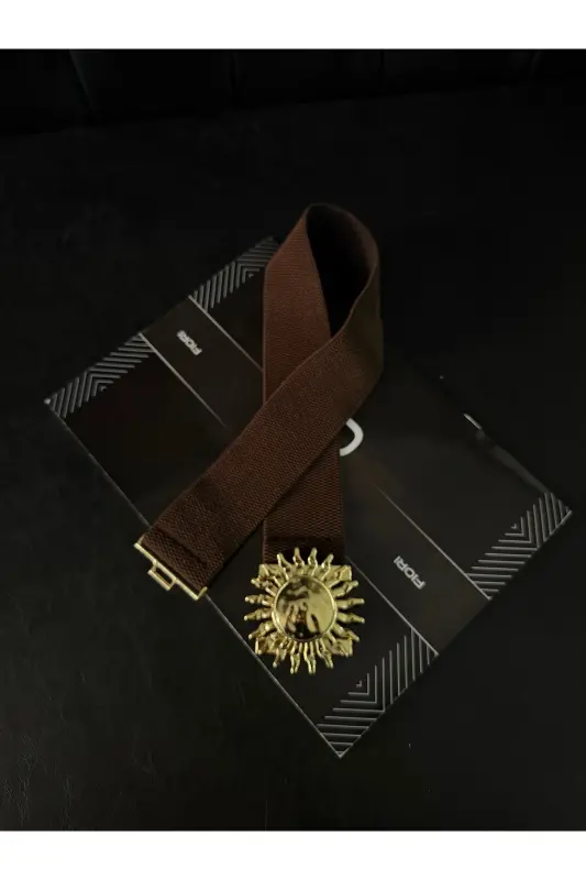 Gold Güneş Tokalı Geçmeli Elastik Kadın Kemeri, Ceket Kemeri, Gömlek Kemeri, Elbise Kemeri - Kahverengi - 2