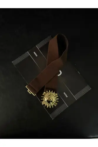 Gold Güneş Tokalı Geçmeli Elastik Kadın Kemeri, Ceket Kemeri, Gömlek Kemeri, Elbise Kemeri - Kahverengi - 3