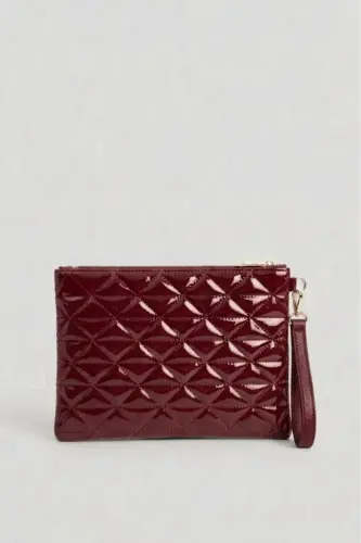 Bordo Rugan Üçgen Desenli Portföy Clutch El Çantası 25x19 Cm - Bordo Rugan - BAGFONI (1)