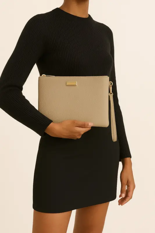Bej Metal Aksesuarlı El Askılı Portföy Clutch Çanta - Bej - 1