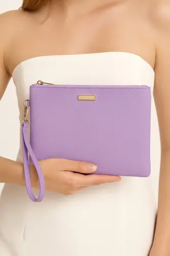 Lila Metal Aksesuarlı El Askılı Portföy Clutch Çanta - Lila 