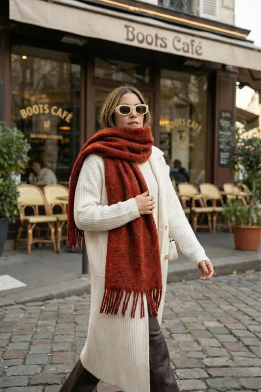 Cairo Bouclé 100% Buklet Soft Touch Premium Trend Bordo Terra Cotta Atkı - Bordo Kiremit - 1