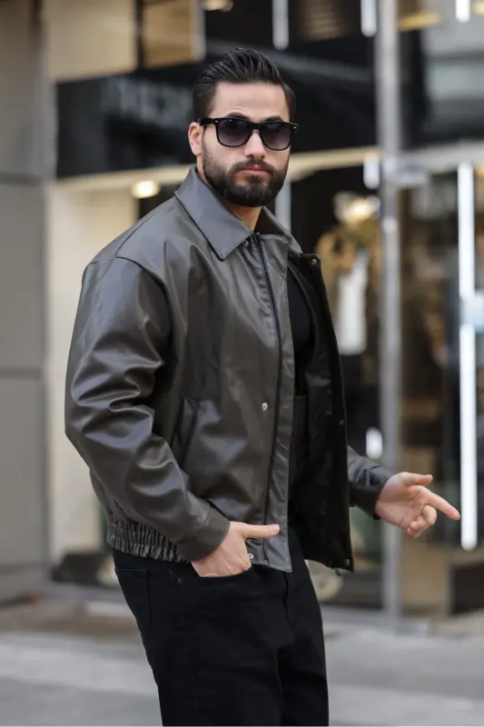 ERKEK OVERSİZE/SALAŞ PREMİUM BOMBER DERİ CEKET - Haki DERİ - 5