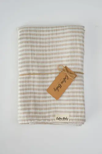 2 Kat Çizgili Müslin Kundak Bezi 20/20 - 120x120 cm. Bej - Bej - CALINE BABY (1)