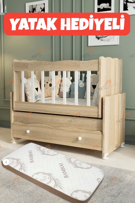 YATAK HEDİYELİ Çekmeceli Sallanır Anne Yanı Bebek Beşiği Beyaz - Sonomo - 1