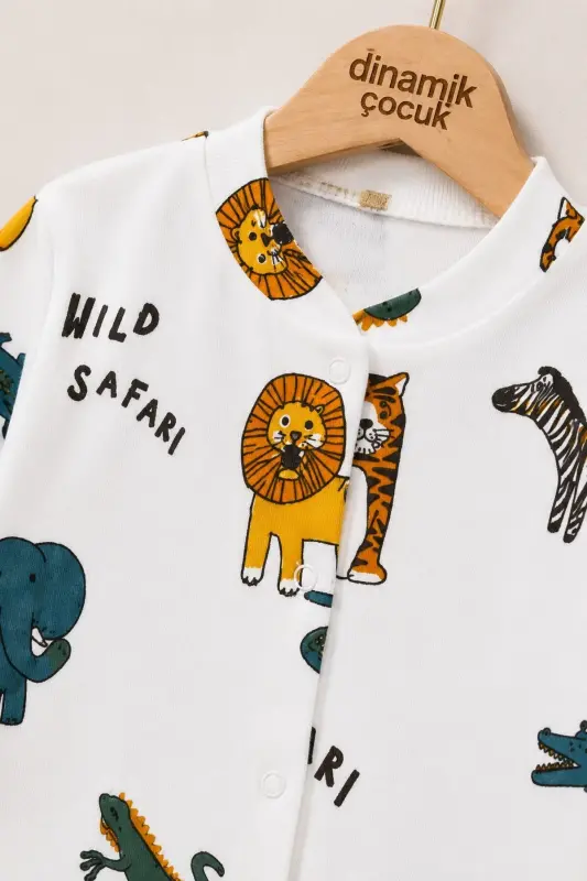 Erkek Kız Unısex Bebek Baskılı Çıtçıtlı Yenidoğan Tulumu %100 Pamuk Esnek 1-3-6aylık - Beyaz Safari - 2