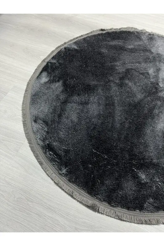 Kaymaz En Trend Yumuşak Peluş Antrasit Klasik Saçaklı Yuvarlak Dekoratif Halı - Koyu Antrasit - 2