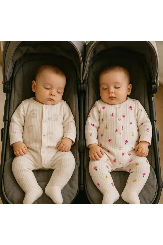 2'li Organik Bebek Tulum - Beyazçiçekli - 3