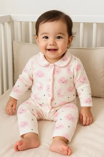 Pembe Ay yıldız bulutlu Pamuk kız bebek takım - Pembebulutlu - 4