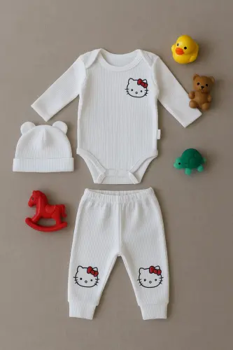 3'lü Nakışlı Pamuk Kız Bebek Body Takım - Ekru3lükız - 3