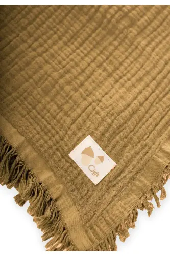 Dört Kat Püsküllü Organic Müslin Battaniye 80X120 Cm Hardal Sarı - HARDAL SARI - 3