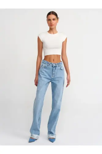 Kadın Pamuk ve Modal Karışımlı Crop Top T-shirt - 30528 - K - 3