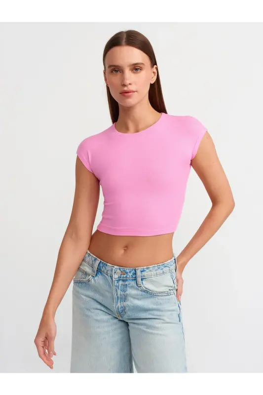 30528 Pamuk ve Modal Karışımlı Crop Top - PİNKS - 1