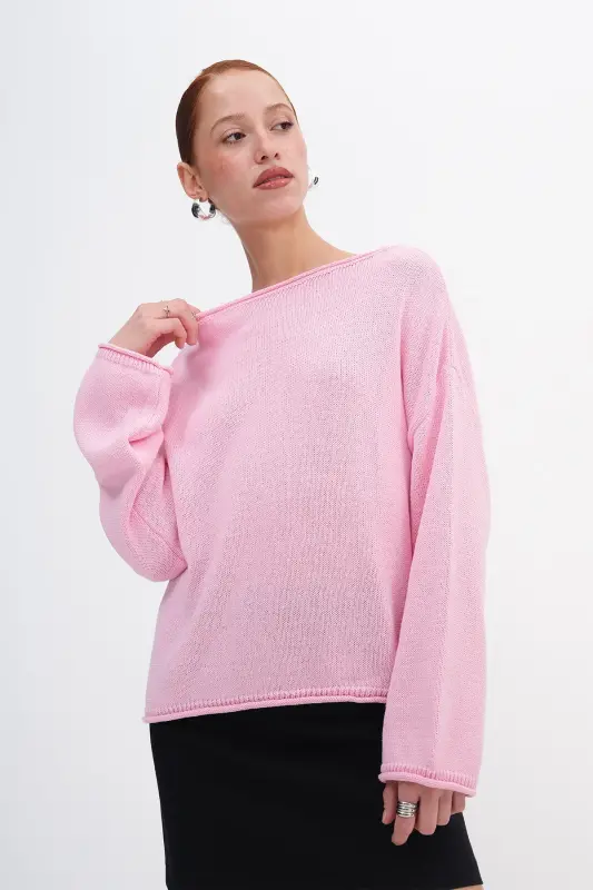 Kayık Yaka Triko Kazak K10237-A5 - Pembe - 1