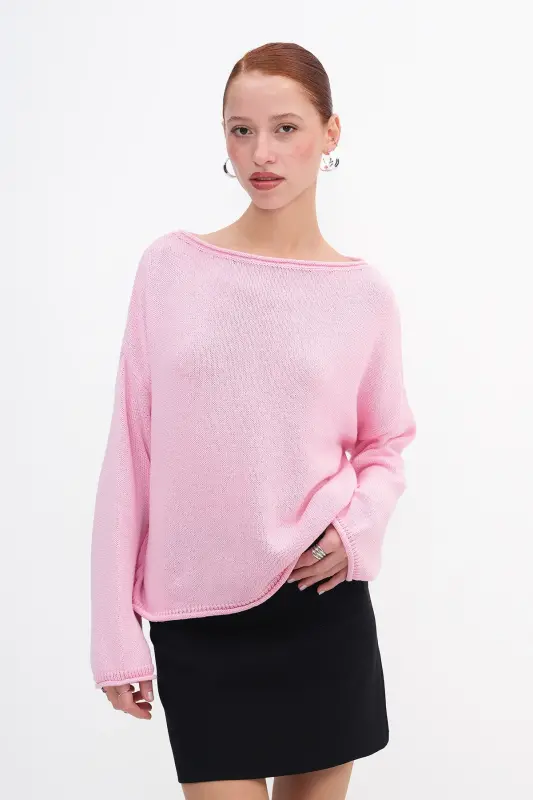 Kayık Yaka Triko Kazak K10237-A5 - Pembe - 4
